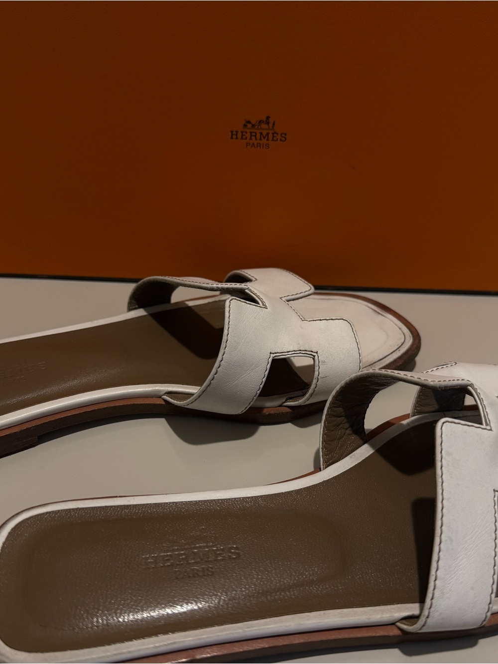 Authentic Hermès Oran Sandals White Box Calfskin Slides Size 36.5